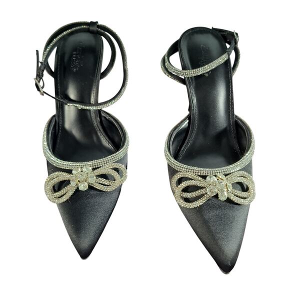 Charlotte Russe Rhinestone Bow Stiletto Heels Women's Size 9 Black Ankle Strap - Picture 1 of 13